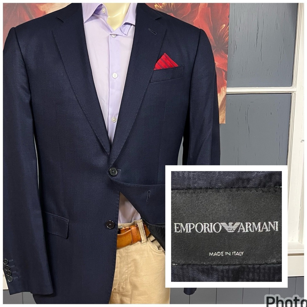Emporio Armani Silk Viscose Soft Knit Blazer Jacket Mens‎ 44L Long Slim Fit Navy
